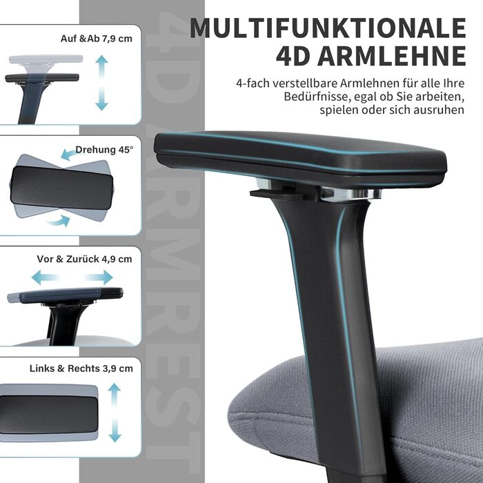 Ергономічне крісло для офісу з підніжкою, висока спинка, 2D-підголівник, відкидні підлокітники, сидіння з губки, сітчастий офісний крісло, крісло для керівника, комп'ютерне крісло для дорослих (сірий)