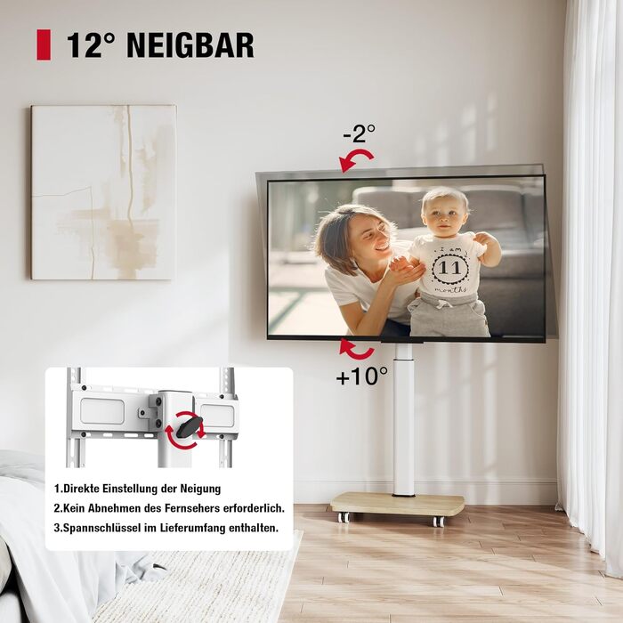 Підставка для телевізора на колесах з полицею, для телевізорів 32-65 дюймів, до 35 кг, поворотна на 90°, регульована по висоті, VESA 400x400mm (Білий+Натуральний колір)