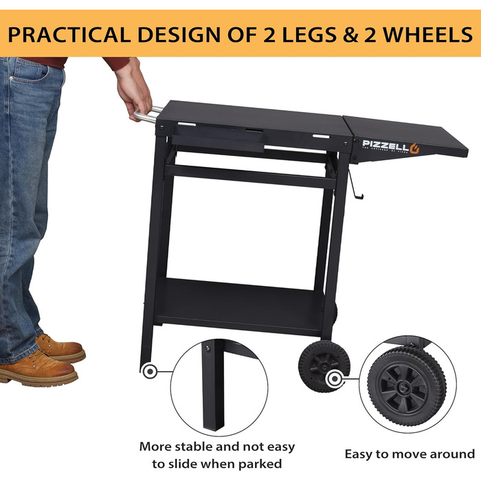 Гриль-візок PIZELLO з підготовчою станцією: візок для гриля, піца-стіл, сервірувальний візок з коліщатками, гачки, ручка, трансформована робоча поверхня, чорний