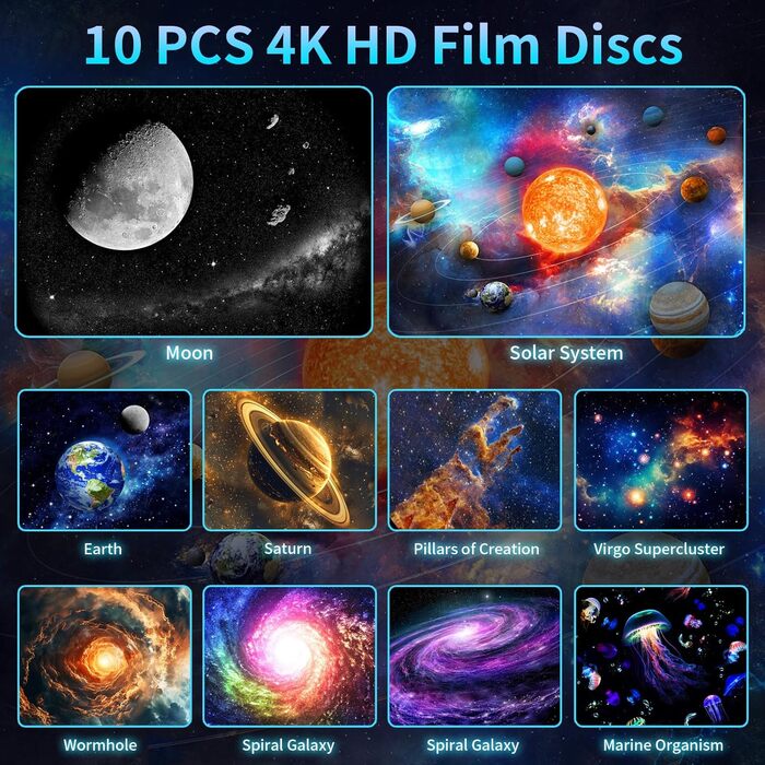 Проєктор зоряного неба Galaxy 4K HD: 8 кольорів, 10 сценаріїв туманності, таймер, для спальні, дитячої кімнати, домашнього кінотеатру