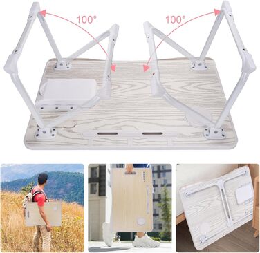 Складаний столик для ноутбука з USB-портом, ручкою, відділенням для карток, тримачем для напоїв та ящиком. Білий клен.