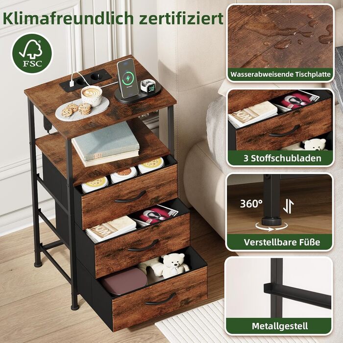 Нічний столик Somdot з підзарядкою, LED, розеткою (USB, Type-C) для спальні, вітальні, дитячої кімнати. Нічний столик, тумбочка, 30x40x60 (2 висувні ящики), деревоподібний масив, 2