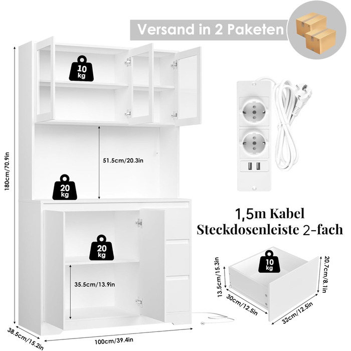 Кухонна шафа FirFurd з LED-підсвічуванням, буфет, комод з робочою поверхнею, 3 висувні ящики, регульована полиця, 180x100x38.5 см (білий)