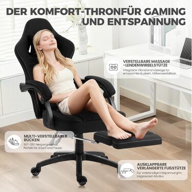 Ігровий крісло Dowinx з тканинною оббивкою, гелевою подушкою та пружинним блоком, ергономічний офісний крісло з підніжкою, масажний ігровий крісло для дорослих (Чорний)