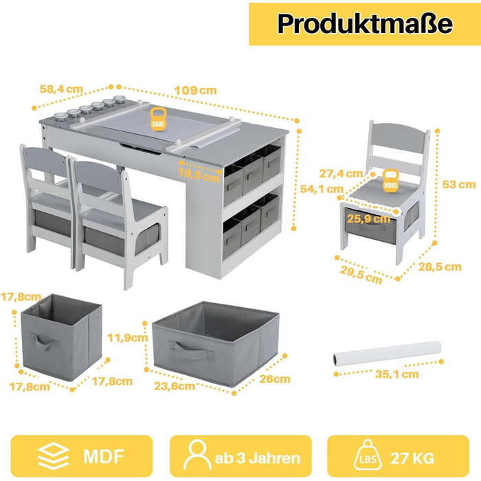 Дитячий стіл Kinder-Kunsttisch-Set з 2 стільцями: дерев'яний активний стіл для малюків з регульованою стільницею, відрами для фарб та 8 тканинними ящиками для зберігання (сірий/білий)