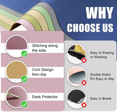 Шкіряний килимок для столу BLESWIN, великий протиковзкий підкладник під мишу та клавіатуру для ноутбука та комп'ютера, офісний настільний мат для письма (90x43 см, рожево-ліловий)