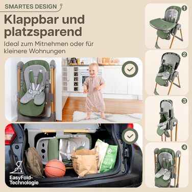 Дитячий стільчик LepiBaby FlexiCo з регулюванням висоти та функцією лежання для новонароджених, складний, зелений | Дитячий стільчик, крісло-гойдалка для дітей від народження до 3 років