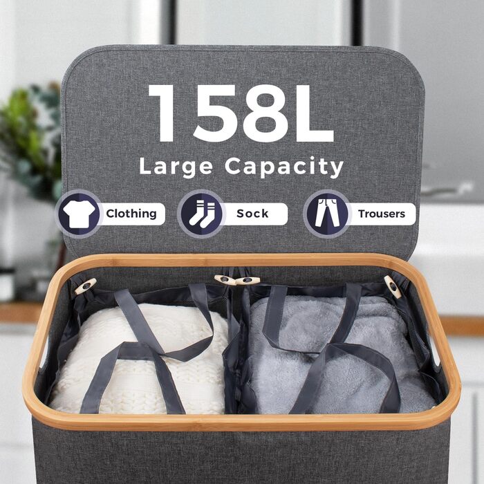 Кошик для білизни Rieeyrslza з кришкою 158л з бамбука та тканини Оксфорд, знімні мішки для білизни, складний сортер для білизни, багатофункціональний кошик для зберігання (сірий)