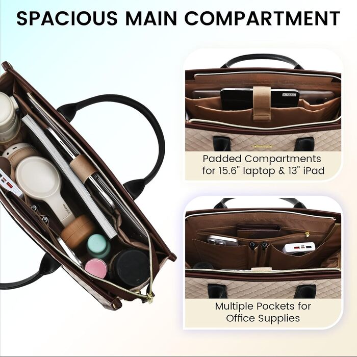 Сумка для ноутбука LOVEVOOK для жінок, водонепроникна, велика, шкіряна, для роботи, навчання, офісу, університету (15,6 дюймів, хакі+чорний)