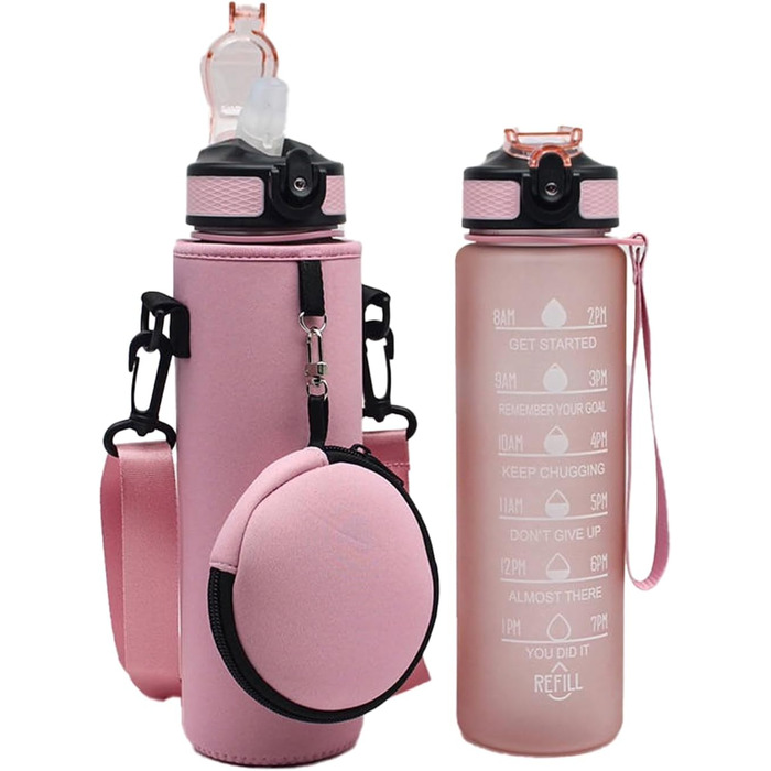 Р. Пляшка для води об'ємом 1 л з позначкою часу з соломинкою та неопреновим рукавом, включаючи пакет I без бісфенолу А, поліпропіленовий матеріал (рожевий), 2002