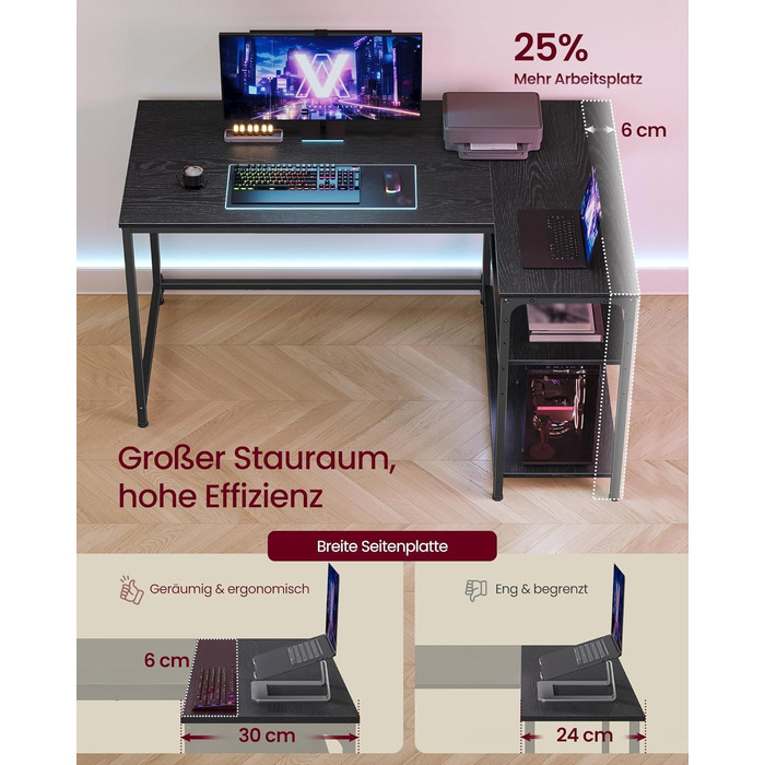 Кутовий стіл VASAGLE L-подібний з полицею, комп'ютерний стіл з місцем для зберігання, офісний стіл для дому, 120 x 80 см, Чорний горіх