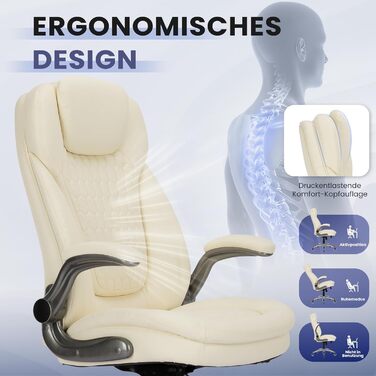 Крісло для офісу Colamy: ергономічне крісло з дихаючої шкіри, підголівник, регульовані підлокітники та м'яке сидіння з пружинним блоком, для дому та офісу (слонова кістка)