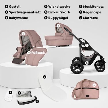 Дитяча коляска 3-в-1 Bergsteiger Capri – люлька, автокрісло i-Size, прогулянковий блок, повітряні колеса, амортизація, регульована ручка, складна, аксесуари (колір: коричневий, рама: антрацит)