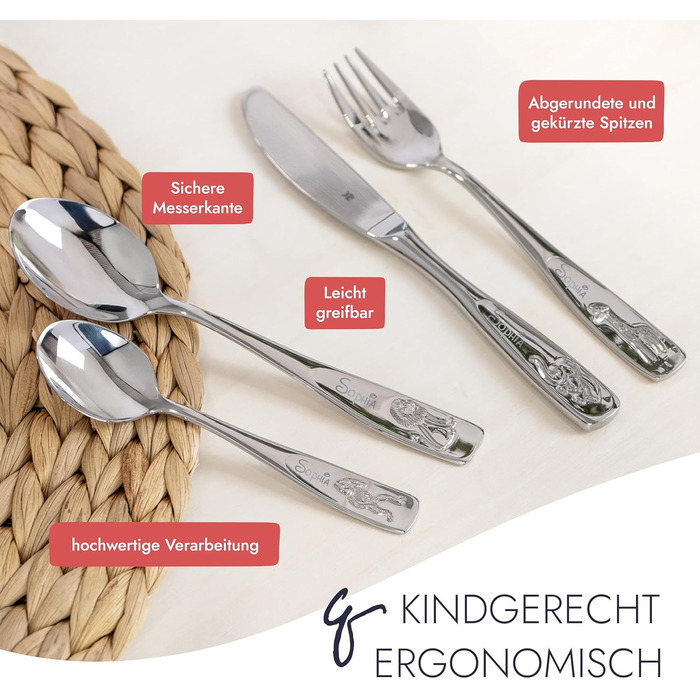 Дитячий столовий набір WMF Kinderbesteck з гравіюванням, нержавіюча сталь, 4 предмети, придатний для миття в посудомийній машині – подарунок на хрещення, подарунки на хрещення для дівчаток та хлопчиків, дитячий столовий набір з гравіюванням