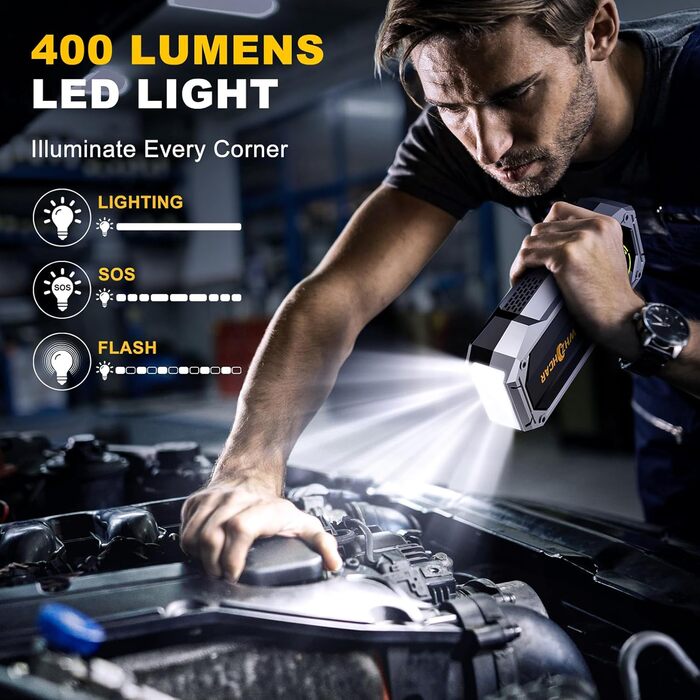 Портативний пусковий пристрій Starthilfe Powerbank 6000A з компресором, ліхтарем Lumen та LCD-дисплеєм. Чорний