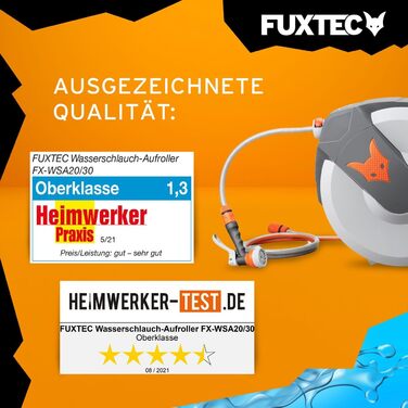 Автоматичний шланг для саду Fuxtec FX-WSA30 – 30 метрів, ½ дюйма, з роликом для стіни, включаючи ручну лійку та з'єднувачі, поворотний на 180°, оранжевий