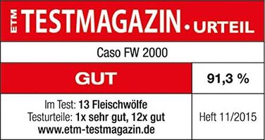 Електрична м'ясорубка Caso FW2000, в т.ч. печиво, насадка 800 Вт номінальна, 2000 Вт у замку, приблизно 2 кг/хв, литий алюмінієвий корпус, потужний двигун, срібло 2000 Вт Срібло