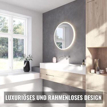 Дзеркало для ванної кімнати Loevschall Atlas з підсвічуванням, кругле, 60 см, без рами, сенсорне керування, LED-підсвічування, регульована яскравість, 60x60 см