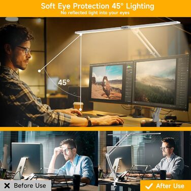 LED лампа настільна SKYLEO з двома головками, дистанційним керуванням, регулюванням яскравості, таймером, для офісу та читання, 76 см, з кріпленням
