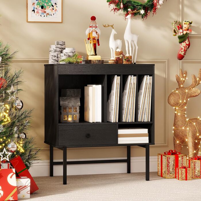 Підставка для програвача COSTWAY з місцем для зберігання вінілу, з відкритими полицями, тримачами для платівок та ящиком, дерев'яний тумбочка для музичної кімнати та вітальні, 70 x 36 x 80 см (білий/чорний)