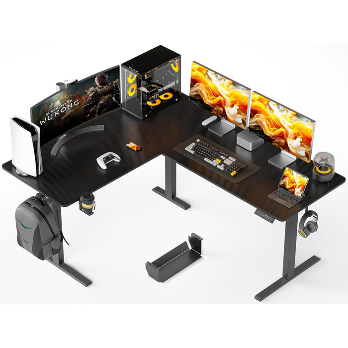 Електричний кутовий стіл WALKINGDESK 160 x 140 см з регулюванням висоти, чорний. Стіл для офісу, геймінгу та дому з кабелеуправлінням