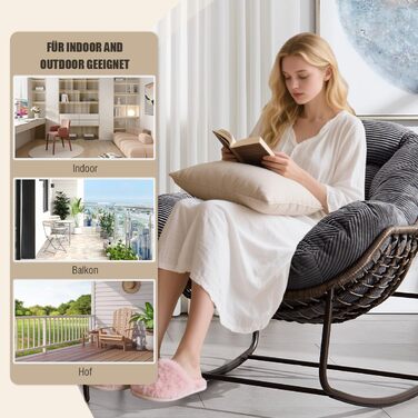 Крісло-гойдалка LIFEISLE з ротангу, для вітальні, балкону, саду, внутрішнє та зовнішнє використання, крісло-яйце, Cord White (тканина Cord, сірий)