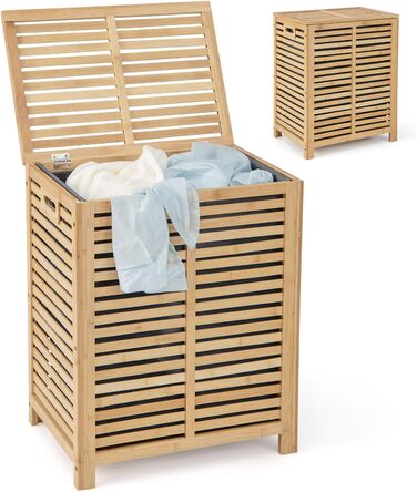 Контейнер для білизни LIFEZEAL з кришкою, бамбуковий ящик для білизни 80 л, кошик для білизни натуральний зі знімним тканинним мішком, який можна прати, контейнер для білизни 50 x 35 x 62 см