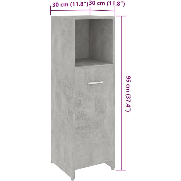 Тумба для ванної кімнати з 3 відділеннями, 1 двері, бетон сірий, 30x30x95см, інженерне дерево