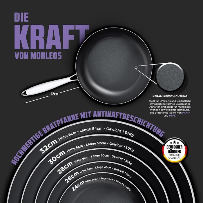 Сковорода Morleos з керамічним покриттям Ø 32 см, без PFAS та PTFE | Сковорода з антипригарним покриттям, стійка до подряпин, 5-шарова, 3 мм, 1,67 кг | Преміум-сковорода для індукційних плит | Антипригарна, для духовки та посудомийної машини Ø 32 см (32 с