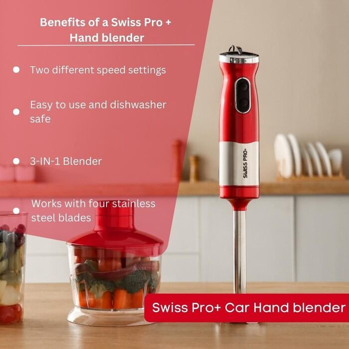 Набір ручних блендерів Swiss Pro 3-в-1 - Електричний ручний блендер з 2 швидкостями - Можна мити в посудомийній машині - Ручний блендер з нержавіючої сталі - Червоний - 700 Вт