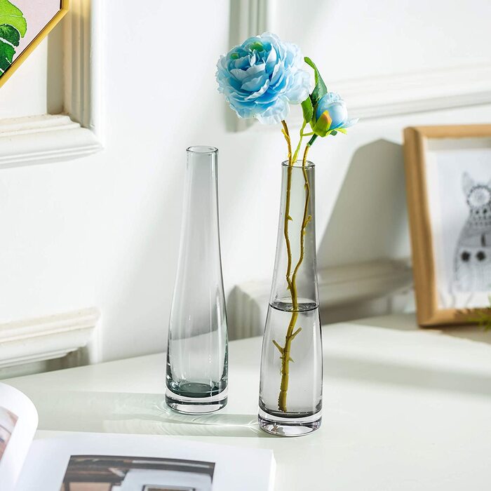 Скляна ваза для квітів, 2 шт. проста ваза для бутонів, високі тонкі пляшки з вузьким шаром для вітальні, будинку, офісу, прикраси інтер'єру, весільний стіл, центральні елементи робочого столу (сірий)
