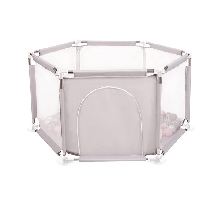 Шестигранний дитячий манеж з 100 м'ячиків, сірий:білий/сірий/пудрово-рожевий (200 м'ячиків, сірий:перловий/сірий/прозорий/пудрово-рожевий)