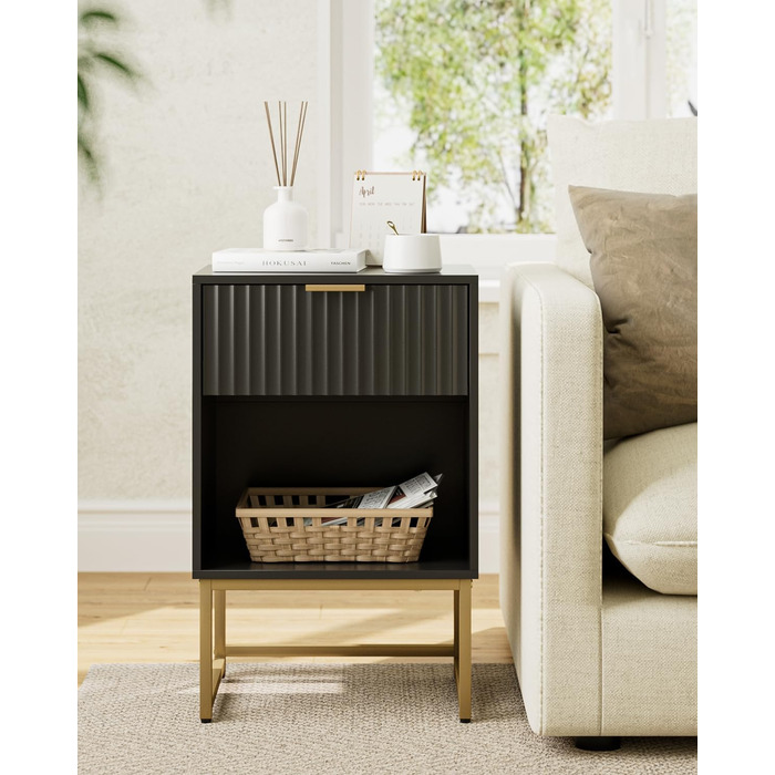 Приліжкова тумбочка з відкритим відділенням, столик для канапи в спальню та вітальню (горіх), (40 x 30 x 60 см, чорне фетрове покриття)