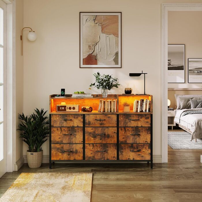 Комод ODK з шухлядами, 2 розетки, 2 USB, 10 LED-смужок, полиця-стільниця, 9 тканинних шухляд, чорний (ретро стиль), 130x30x97 см