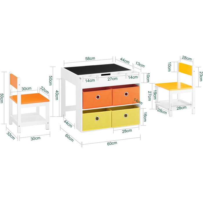Дитячий стіл SoBuy з 2 стільцями: комплект меблів для дитячої кімнати з місцем для зберігання, ігровий та активний стіл, білий 87x50x50 см (з дошкою для малювання)