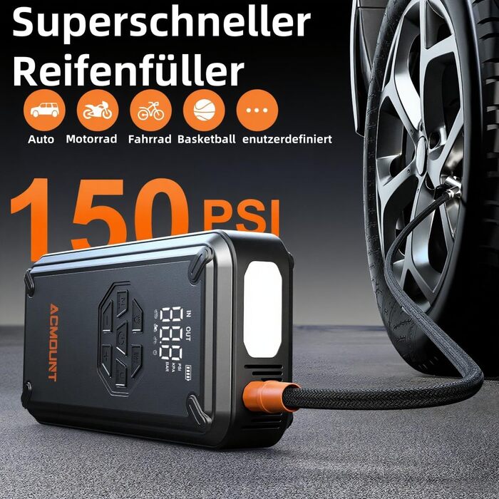 Powerbank для авто Acmount Starthilfe з компресором, 7000A, 150PSI, LCD, LED, для бензинових та дизельних авто (до 9L/8L)
