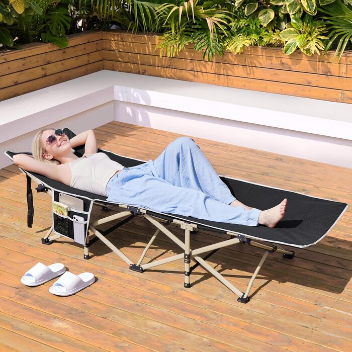 Розкладне ліжко для кемпінгу Yaheetech, похідна шезлонг-ліжка з кишенею та сумкою для транспортування, витримує до 150 кг, чорне