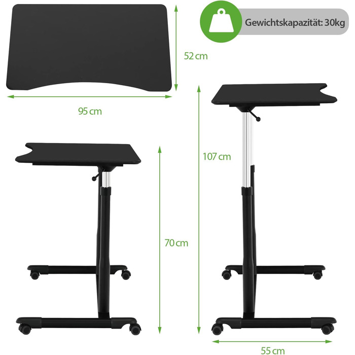 Комп'ютерний стіл COSTWAY регулюється по висоті від 70-107 см, стіл мобільний з коліщатками, стіл для ноутбука на колесах з 2 гальмами, стіл для ноутбука (чорний)