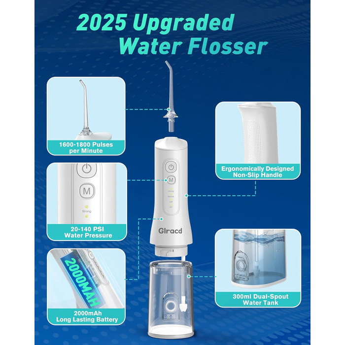 Іригатор для порожнини рота Munddusche, професійний, з технологією мікробульбашок, регулювання тиску води, для чищення зубів та брекетів, білий