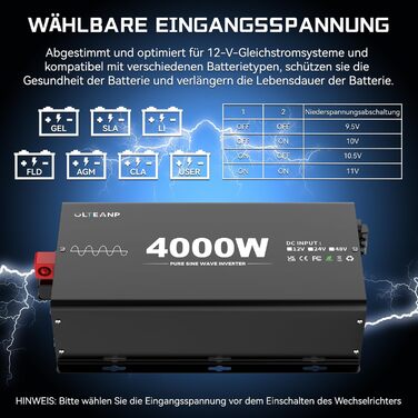 Автомобільний перетворювач напруги OLTEANP 4000 Вт з чистим синусом від 12 В до 230 В з дистанційним керуванням з РК-екраном, 2 розетки змінного струму, порт USB і Type-C порт сонячної енергії для каравану, човна, кемпінгу