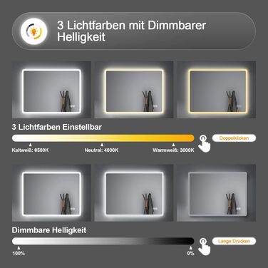 Дзеркало для ванної кімнати Badspiegel 50x70см з годинником та підсвічуванням 3 кольори, сенсорний вимикач, прямокутне, для ванної/вітальні (100x60x3.5см)