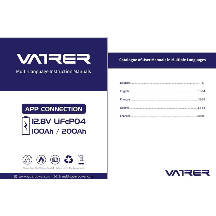 Літієва батарея VATRER POWER 12V 100AH LiFePO4 з Bluetooth, 100A BMS, 5000 циклів, 1280 Вт, захист від низької температури