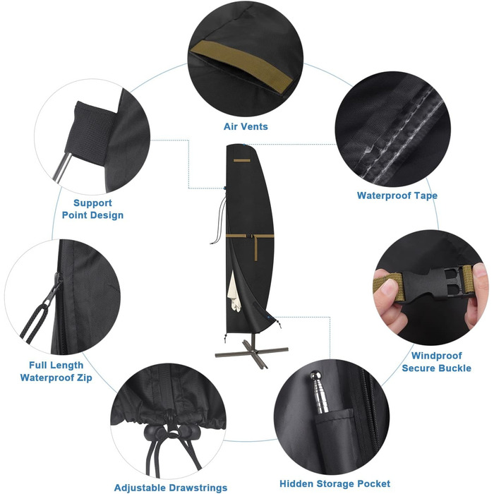 Захисний чохол для подвійного парасоля VANSHEIM, діаметр до 400 см. Водонепроникний, захист від УФ-променів. Підходить для парасолів-наметів з ніжкою. Розмір 460x270 см (220x45/70/50 см).