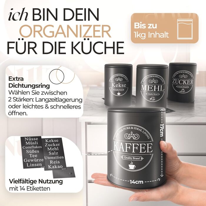 Набір контейнерів для зберігання продуктів IDEALTASTIC® Premium: кава, цукор, борошно (3 шт x 500г) - герметичні, чорні, матові