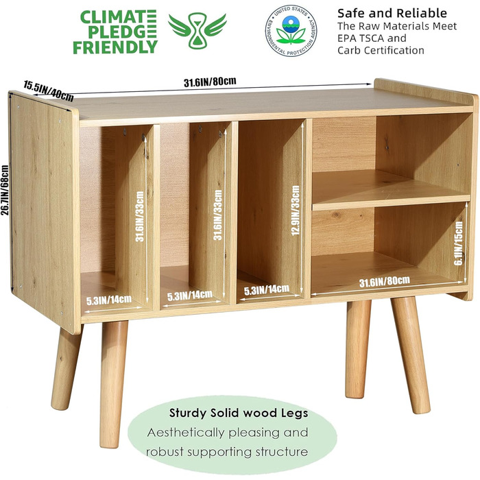 Підставка для програвача з місцем для зберігання вінілових платівок, до 136 кг, велика стільниця для альбомів, з тримачем, дерев'яна підставка для вінілу (Nature)