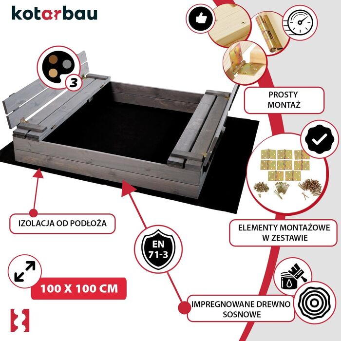 Пісочниця KOTARBAU® з кришкою, 120x120 см, дерево, з лавками
