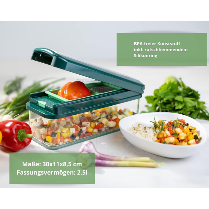 Набір для нарізки овочів Genius Nicer Dicer Exclusive 15 елементів, набір для нарізки кубиками + набір для нарізки помідорів, 4 насадки + груба тертка та шинковка, контейнер 2500 мл, зелений