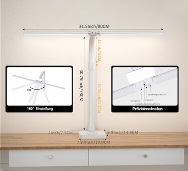 LED настільна лампа LOTTBUTY з диммуванням, 24W, 80см, для офісу та дому, з гнушим шийкою та тримачем для телефону (біла)
