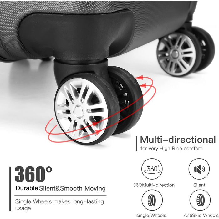 Чемодан ручної поклажі KONO з жорсткою оболонкою, на колесах, 55x38x22 см, 33 літри, сірий