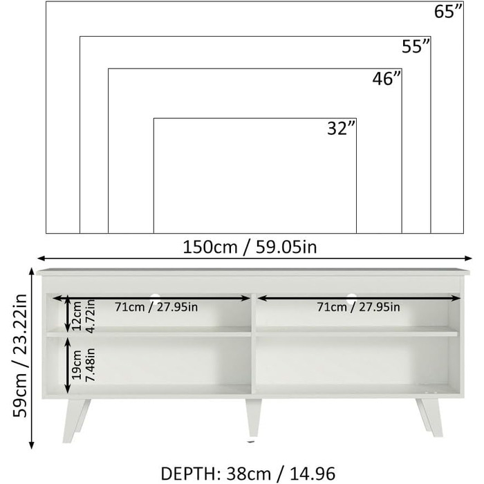 Тумба під телевізор Madesa, тумба під телевізор до 65 дюймів, для вітальні та спальні, 150 x 38 x 58 см, з дерева (Білий)